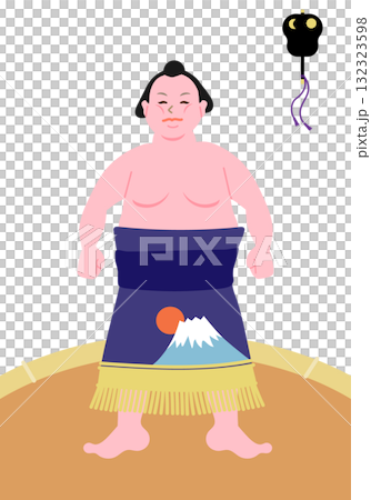 Vector illustration of a sumo wrestler wearing a mawashi standing in the sumo ring 132323598