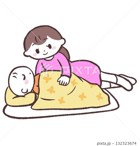 赤ちゃんに添い寝する女性のイラスト 赤ちゃんに添い寝する女性のイラスト 132323674