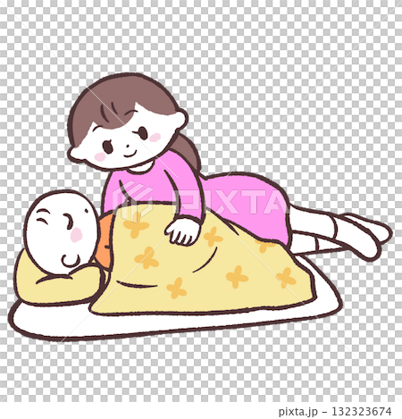 赤ちゃんに添い寝する女性のイラスト 赤ちゃんに添い寝する女性のイラスト 132323674