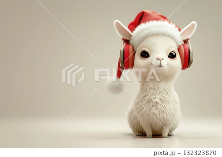 Cartoon-style llama in Santa hat with headphones, great for music apps, winter posts, and playful content 132323870