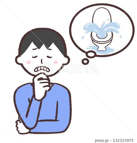 トイレの水漏れを心配する男性のイラスト トイレの水漏れを心配する男性のイラスト 132323975