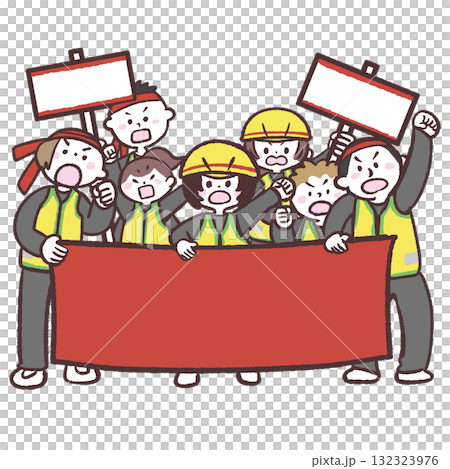 一群人舉著紅色橫幅和標語牌的插圖 132323976