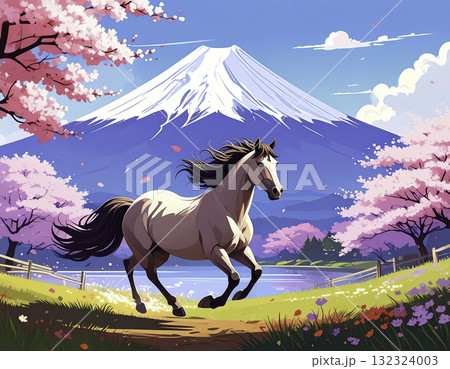 富士山と桜の道を駆ける馬｜春の風を感じる午年イラスト 132324003