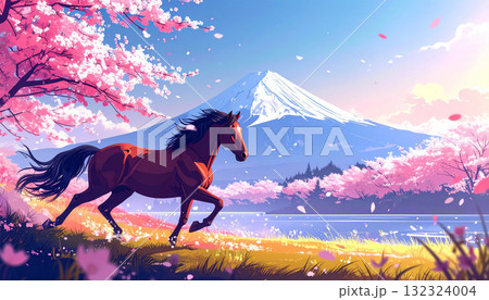 富士山と桜の道を駆ける馬｜春の風を感じる午年イラスト 132324004