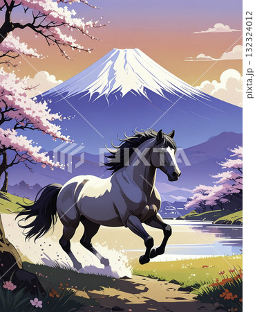 富士山と桜の道を駆ける馬｜春の風を感じる午年イラスト 132324012