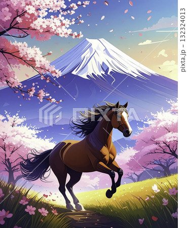 富士山と桜の道を駆ける馬|春の風を感じる午年イラスト 富士山と桜の道を駆ける馬|春の風を感じる午年イラスト 132324013