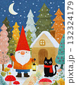 Cute Christmas Santa and Black Cat in Snowy Forest, Whimsical Winter Illustration 132324179