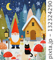 Cute Christmas Santa  and Black Cat in Snowy Forest, Whimsical Winter Illustration 132324290