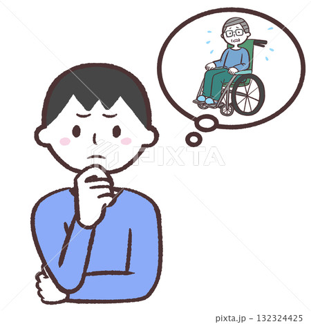 車いす生活の老後を心配する男性のイラスト 車いす生活の老後を心配する男性のイラスト 132324425