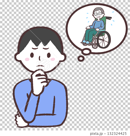 車いす生活の老後を心配する男性のイラスト 車いす生活の老後を心配する男性のイラスト 132324425
