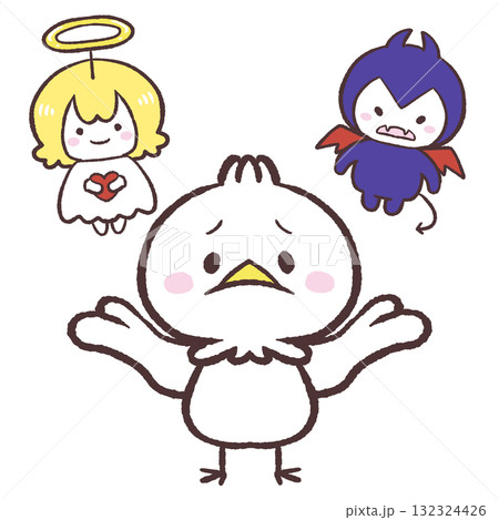 天使と悪魔どちらにするか考える白い鳥のイラスト 132324426