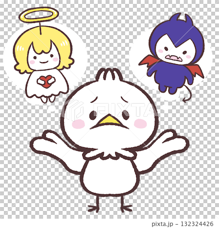 天使と悪魔どちらにするか考える白い鳥のイラスト 132324426