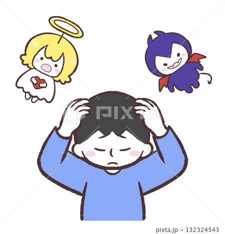 悪魔と天使の言葉に頭を抱える男性のイラスト 悪魔と天使の言葉に頭を抱える男性のイラスト 132324543