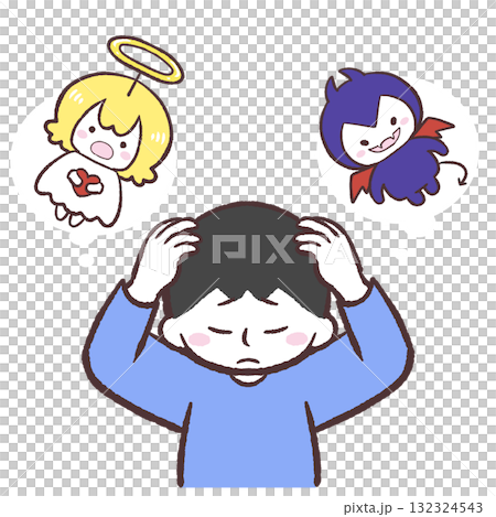 悪魔と天使の言葉に頭を抱える男性のイラスト 悪魔と天使の言葉に頭を抱える男性のイラスト 132324543