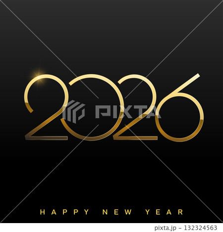 Elegant Happy New Year 2026 logo with golden thin line art and sparkle. Vector 132324563