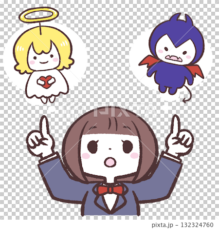 Illustration of a girl deciding between an angel and a devil 132324760