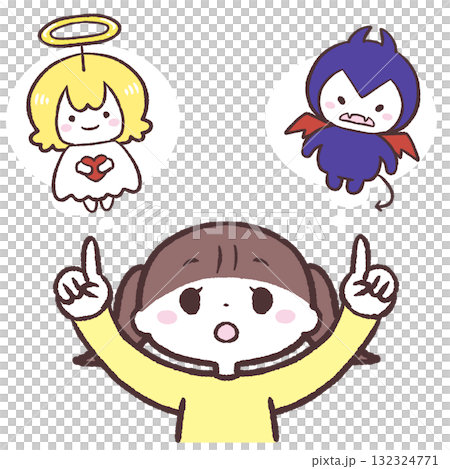 Illustration of a girl deciding between an angel and a devil Illustration of a girl deciding between an angel and a devil 132324771