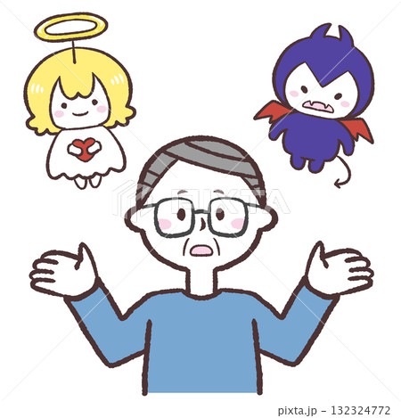 天使と悪魔どちらにするか考えるシニア男性のイラスト 天使と悪魔どちらにするか考えるシニア男性のイラスト 132324772