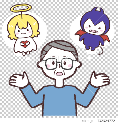 天使と悪魔どちらにするか考えるシニア男性のイラスト 天使と悪魔どちらにするか考えるシニア男性のイラスト 132324772