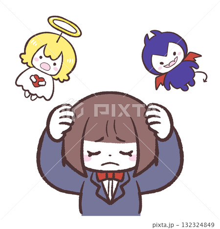 悪魔と天使の言葉に頭を抱える女の子のイラスト 悪魔と天使の言葉に頭を抱える女の子のイラスト 132324849