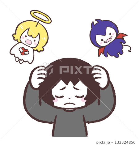 悪魔と天使の言葉に頭を抱える人のイラスト 悪魔と天使の言葉に頭を抱える人のイラスト 132324850