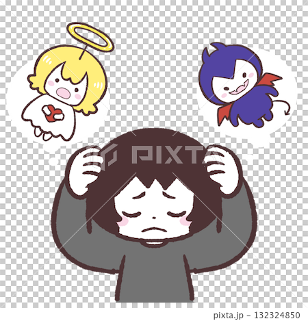 悪魔と天使の言葉に頭を抱える人のイラスト 悪魔と天使の言葉に頭を抱える人のイラスト 132324850