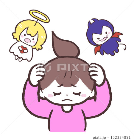 悪魔と天使の言葉に頭を抱える女性のイラスト 悪魔と天使の言葉に頭を抱える女性のイラスト 132324851