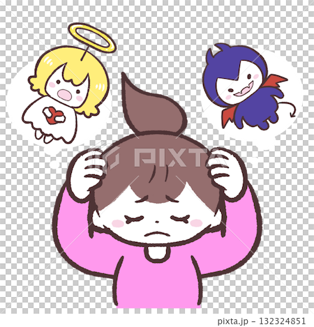 悪魔と天使の言葉に頭を抱える女性のイラスト 悪魔と天使の言葉に頭を抱える女性のイラスト 132324851