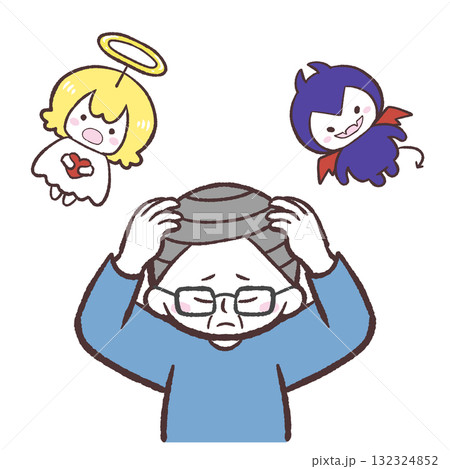 悪魔と天使の言葉に頭を抱えるシニア男性のイラスト 132324852