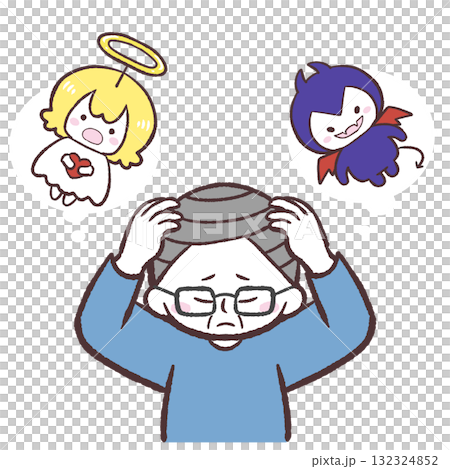 悪魔と天使の言葉に頭を抱えるシニア男性のイラスト 132324852