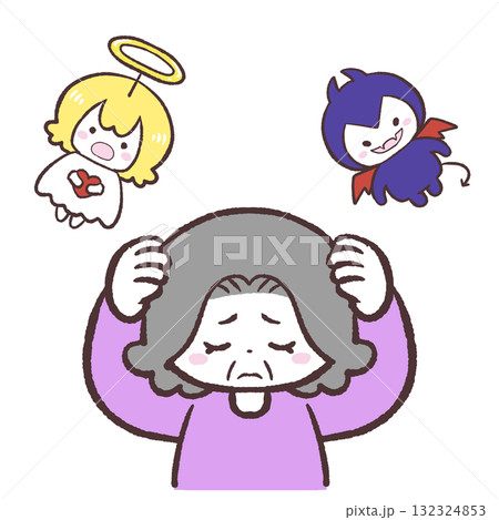 悪魔と天使の言葉に頭を抱えるシニア女性のイラスト 132324853