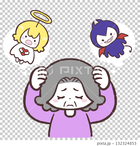 悪魔と天使の言葉に頭を抱えるシニア女性のイラスト 132324853