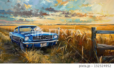 A blue car amidst a sea of yellow flowers in a field, adding a pop of color to the landscape. A blue car amidst a sea of yellow flowers in a field, adding a pop of color to the landscape. 132324952