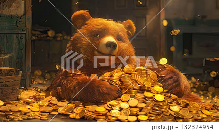 The content bear is surrounded by a lavish pile of gold coins, creating a scene of wealth and comfort. 132324954