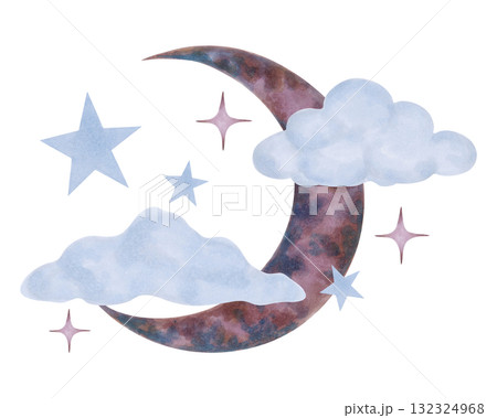 Crescent moon with soft clouds and stars. Watercolor illustration. Celestial composition of a night atmosphere, a dream. Hand drawn isolated art. Cartoon childrens sketch for a bedroom, bedding Crescent moon with soft clouds and stars. Watercolor illustration. Celestial composition of a night atmosphere, a dream. Hand drawn isolated art. Cartoon childrens sketch for a bedroom, bedding 132324968