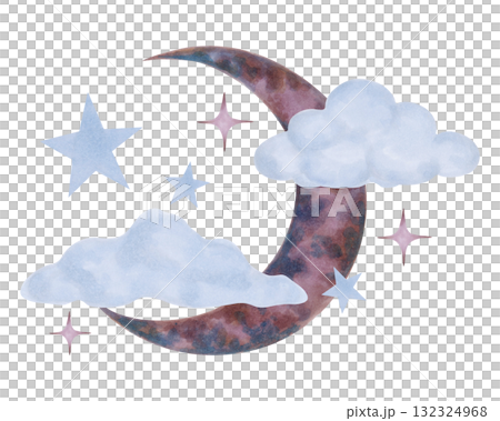 Crescent moon with soft clouds and stars. Watercolor illustration. Celestial composition of a night atmosphere, a dream. Hand drawn isolated art. Cartoon childrens sketch for a bedroom, bedding 132324968