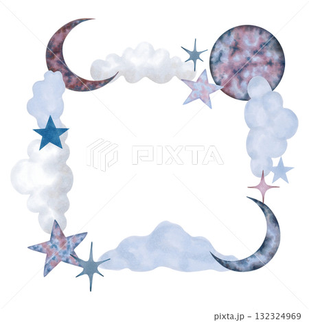 Square celestial frame with a full moon, crescent moon, stars, clouds. Watercolor illustration of cosmic, air elements. Hand drawn isolated art. Cartoon children's background for invitations, prints 132324969