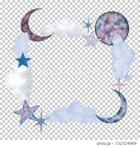 Square celestial frame with a full moon, crescent moon, stars, clouds. Watercolor illustration of cosmic, air elements. Hand drawn isolated art. Cartoon children's background for invitations, prints 132324969