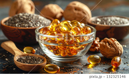 A clear glass bowl filled with golden omega-3 capsules surrounded by chia seeds, walnuts, and wooden utensils on a rustic table. The warm lighting highlights natural health and nutrition 132325146