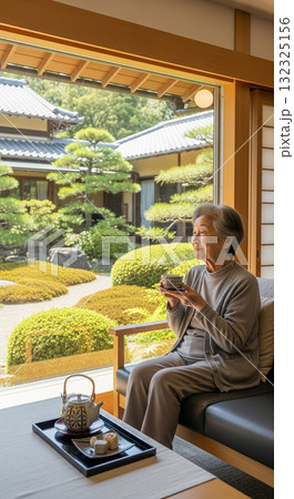 和風の庭を眺めながらお茶を楽しむシニア女性 132325156