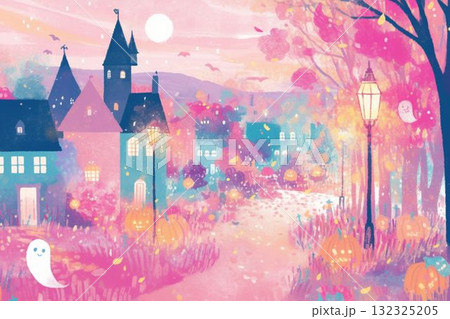 ピンクの森に浮かぶハロウィンの街 イラスト 132325205