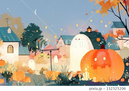 大きなかぼちゃとおばけたちの夜 イラスト 132325206