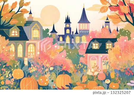 夕暮れに輝くかぼちゃの街並み イラスト 132325207