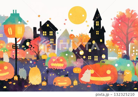 満月のハロウィンガーデンとおばけたち イラスト 132325210