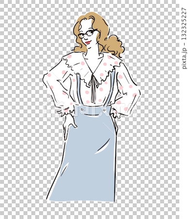 A woman with curly hair and glasses in casual girly fashion A woman with curly hair and glasses in casual girly fashion 132325227