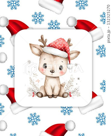 Cute Baby Reindeer with Santa Hat  Adorable Christmas Watercolor Illustration 132325270