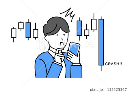 スマホを見て株価が暴落している状況に驚く若い男性 132325367
