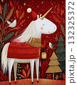 Whimsical Christmas Unicorn in Red Forest  Magical Winter Holiday Illustration 132325372
