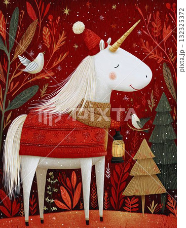 Whimsical Christmas Unicorn in Red Forest  Magical Winter Holiday Illustration 132325372