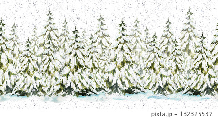 Watercolor Spruce tree snow covered coniferous forest and snowfall seamless border. Snowy winter Christmas fir pattern Hand drawn illustration isolated from background for fabric, wallpaper, packaging Watercolor Spruce tree snow covered coniferous forest and snowfall seamless border. Snowy winter Christmas fir pattern Hand drawn illustration isolated from background for fabric, wallpaper, packaging 132325537